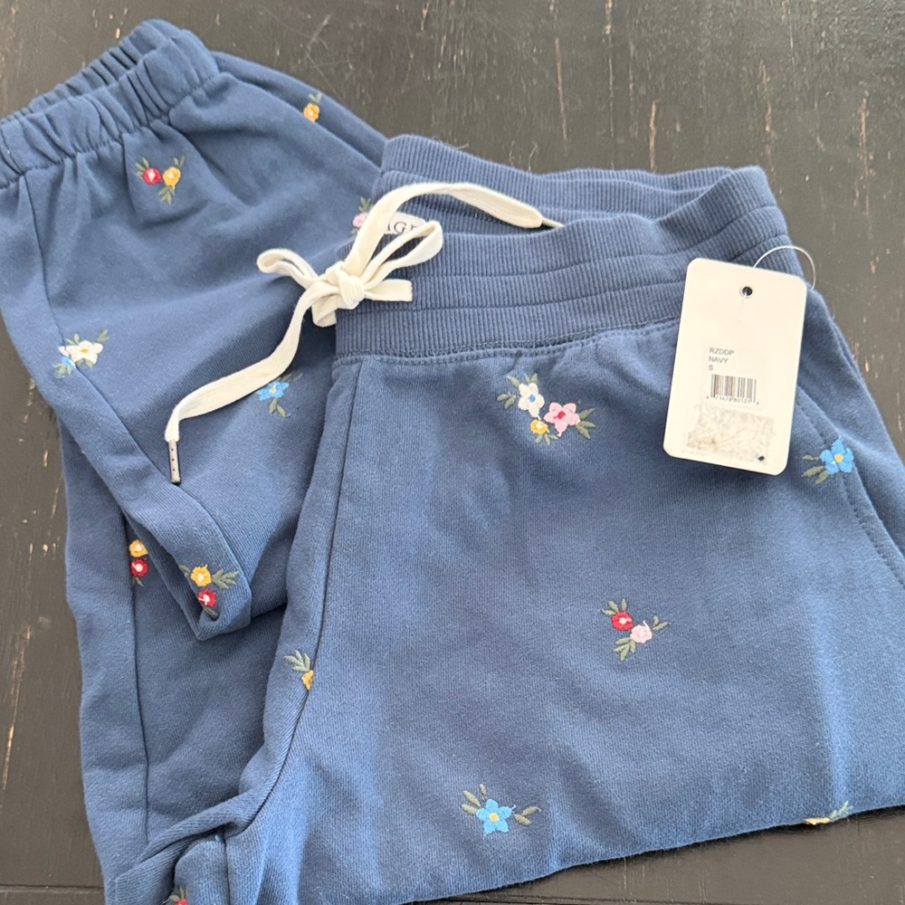 P.J. Salvage Navy Blue Floral Embroidered Joggers